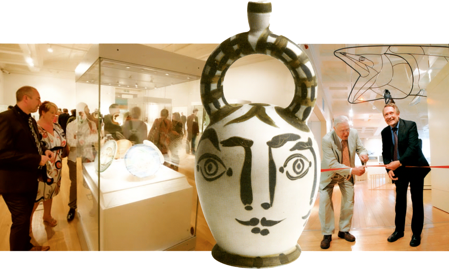 Photomontage shows a gathering of people in the gallery on the left, with a ceramic piece in the middle, and Sir David Attenborough (cutting a red ribbon) with Leicester mayor Sir Peter Soulsby holding the ribbon